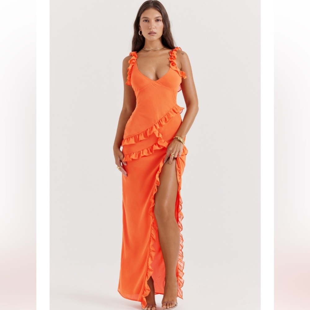 House of CB Pixie Flame Orange Ruffle Maxi Dress with High Slit Women’s Small..